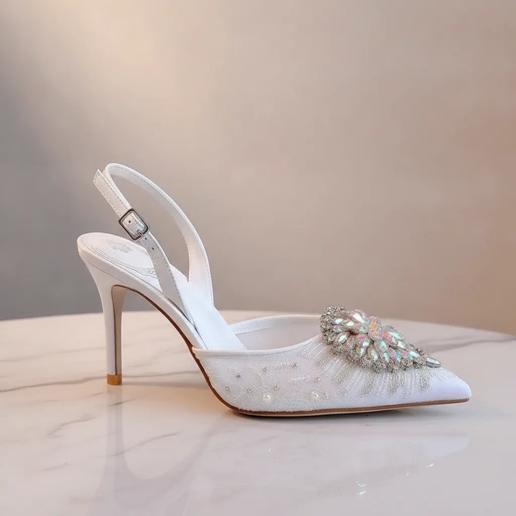 Escarpins Slingback Dentelle & Perles Talon Fin 9.6cm