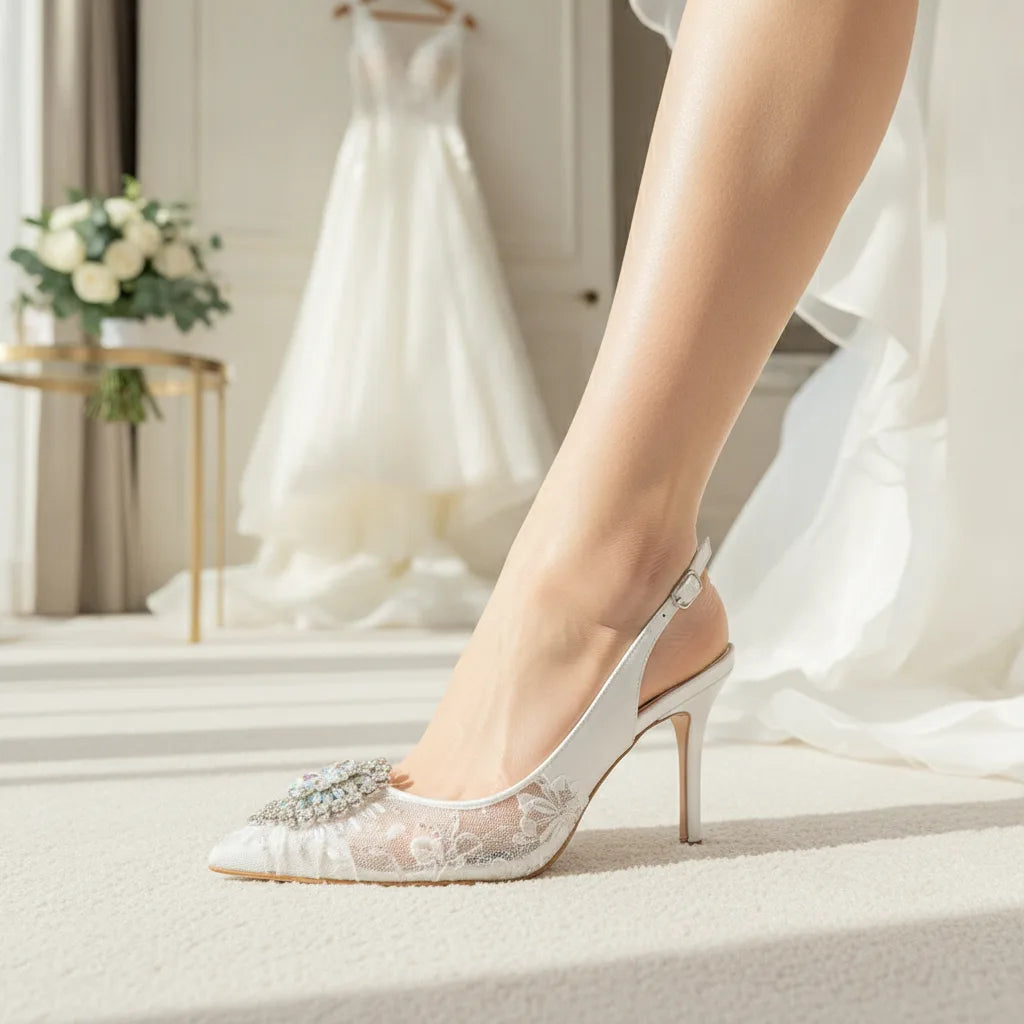 Escarpins Slingback Dentelle & Perles Talon Fin 9.6cm