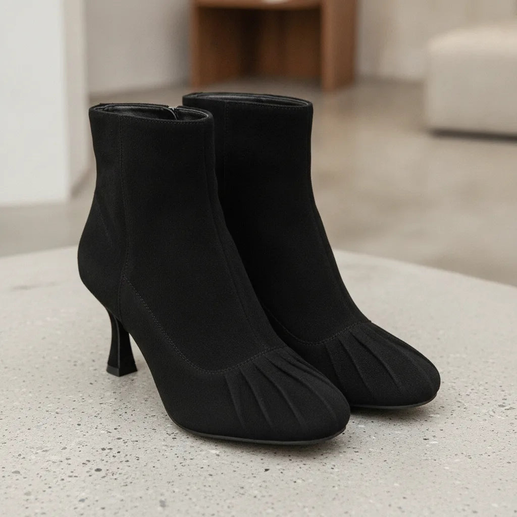 Bottines Hiver Femme Velours Plissé Bout Rond
