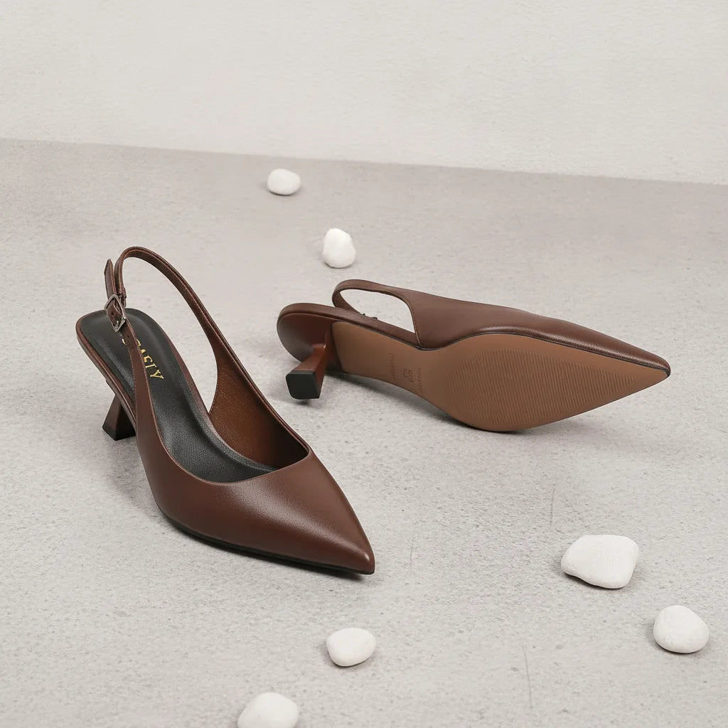 Escarpins Slingback Marron Talon Carré