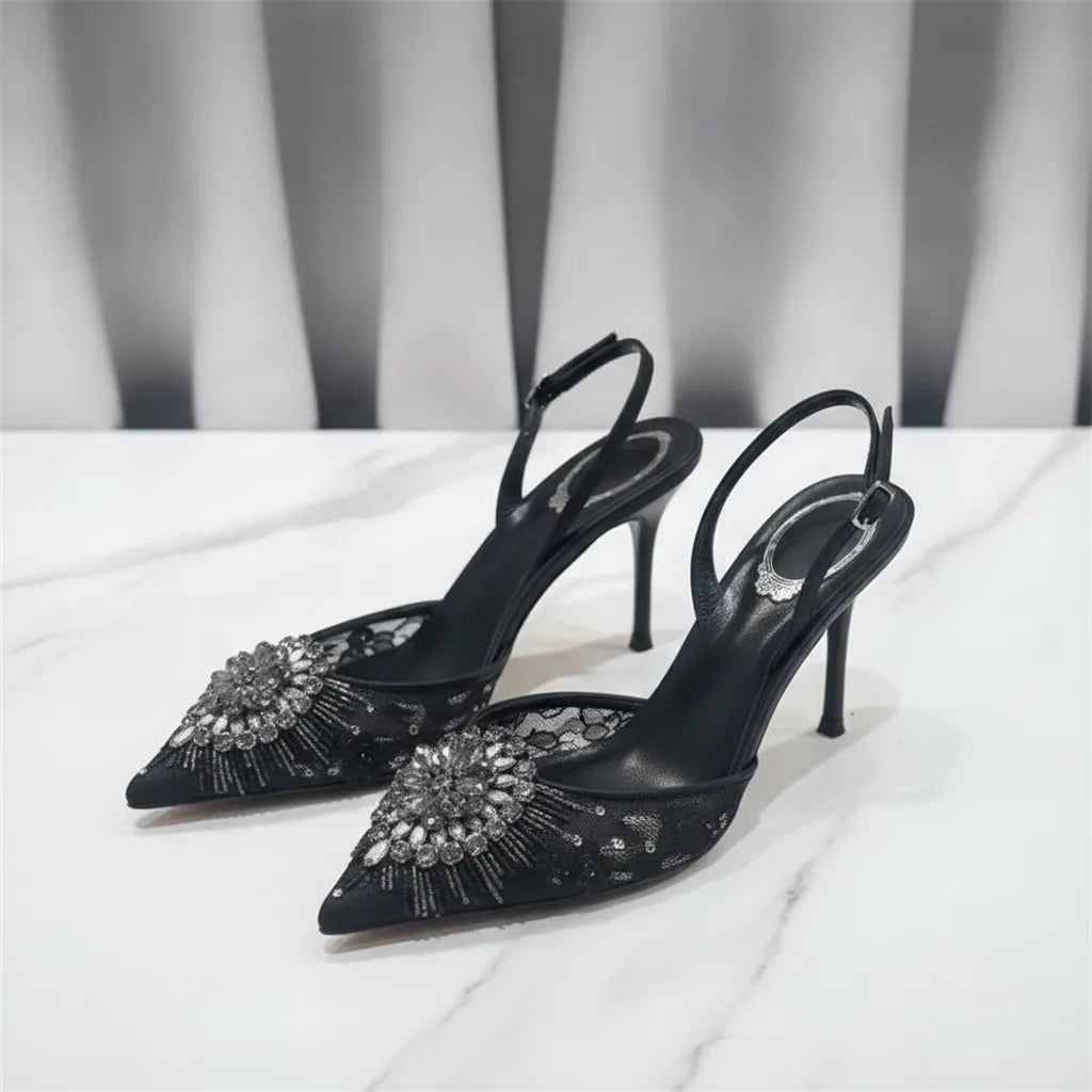 Escarpins Slingback Dentelle & Perles Talon Fin 9.6cm