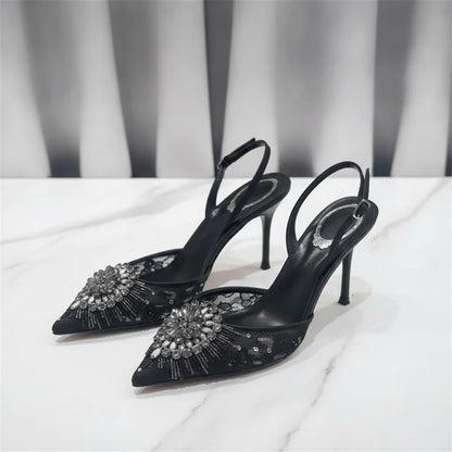 Escarpins Slingback Dentelle & Perles Talon Fin 9.6cm